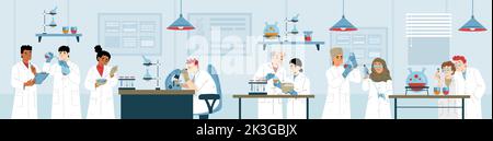 Recherche et développement en laboratoire scientifique. Les scientifiques de la médecine, de la génétique, de la chimie ou de la biochimie travaillent ensemble en laboratoire avec un microscope et de l'équipement, Cartoon illustration linéaire à vecteur plat Illustration de Vecteur