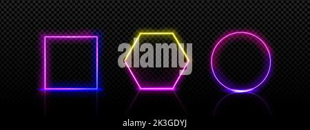 Cadres au néon carrés, cercles et formes hexagonales. Banderoles lumineuses électriques pour boîte de nuit ou casino, bordures lumineuses avec couleurs dégradées, ensemble vectoriel réaliste isolé sur fond transparent Illustration de Vecteur