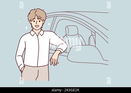 Jeune homme souriant debout près d'une nouvelle voiture dans un salon. Joyeux homme confiant acheter automobile fier de l'achat. Illustration vectorielle. Illustration de Vecteur