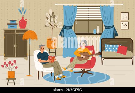Un couple senior se détend à la maison, un homme et une femme âgés lisant un livre, jouant de la guitare assis sur des fauteuils dans la salle de séjour. Grands-parents décontracté craptime, loisir, dessin vectoriel linéaire plat de dessin animé Illustration de Vecteur