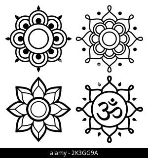 Ensemble à motifs géométriques et motifs fleurs Mandala, collection minimaliste en noir et blanc Illustration de Vecteur