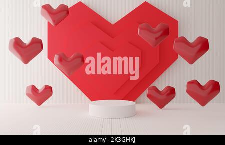 podium blanc avec ballon coeur rouge arrière-plan dans la salle rouge.3d rendu. Banque D'Images