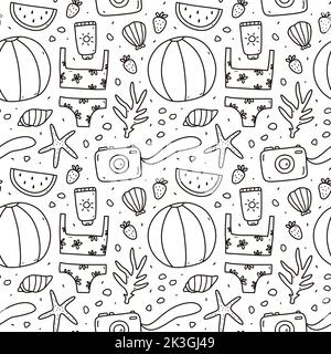 Joli motif sans coutures avec des dessins d'été - ballon de plage, bikini, crème solaire, appareil photo, coraux, starfish et coquillages Illustration de Vecteur