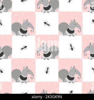 Motif à carreaux sans couture avec adorable anteater à motif dessin animé. Imprimé bébé. Illustration de Vecteur