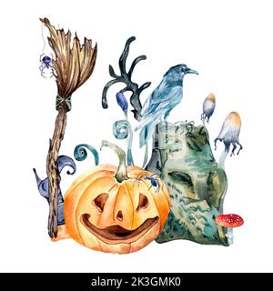 Composition d'Halloween avec citrouilles colorées aquarelle illustration isolée sur blanc. Plantes d'automne avec champignon, balai, sorcière, corbeau dessiné à la main. Banque D'Images