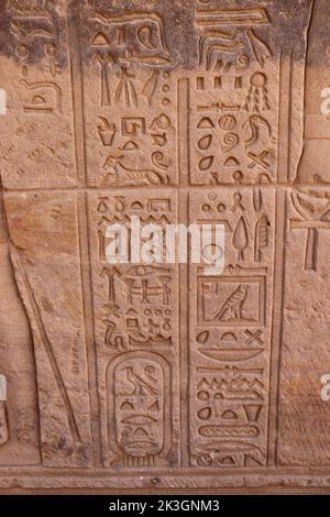 De beaux reliefs pharaoniques et hiéroglyphes sculptés sur les murs du temple de Philé, Assouan Banque D'Images