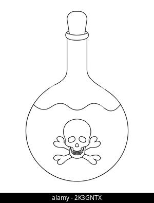Bouteille de poison. L'emblème sur la bouteille est le crâne et les os. Illustration vectorielle. Sur un arrière-plan blanc isolé. Style Doodle. Esquisse. Illustration de Vecteur