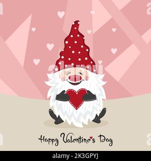 Carte de Saint-Valentin avec joli gnome et coeur rouge. Illustration vectorielle romantique. Illustration de Vecteur