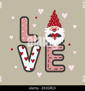 Carte de Saint-Valentin avec joli gnome et coeur rouge. Illustration d'amour vectoriel. Illustration de Vecteur