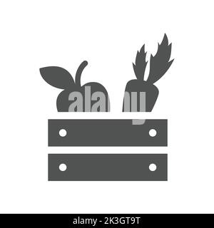 Icône de vecteur de caisse d'aliments agricoles.Produits d'épicerie aux carottes et aux pommes dans un panier, symbole de nourriture végétalienne saine. Illustration de Vecteur