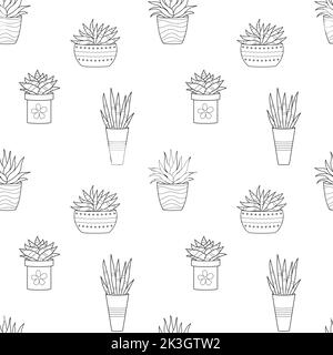 Motif sans couture avec motif en forme de doodle dessiné à la main, contour des cactus en pot. Plante domestique, succulent linéaire. Illustration vectorielle noir et blanc sur fond blanc Illustration de Vecteur