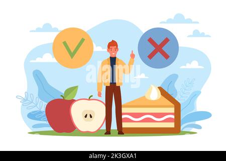 Choix d'aliments sains, objectifs et plan pour le corps tonicité. Homme et immense gâteau et pomme, dessert et fruits, régime et détox. Restauration rapide et menu équilibré Illustration de Vecteur