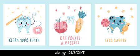 Affiches pour enfants avec personnages de dents kawaii dans un style de dessin animé plat. Illustration vectorielle des dents de brossage, des dents malades avec des bonbons, des dents saines avec Illustration de Vecteur
