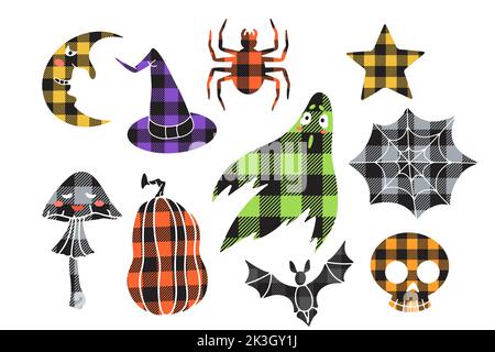Illustrations de silhouettes d'Halloween à motif écossais coloré dessinées à la main Illustration de Vecteur