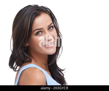 Agréablement surpris. Photo studio d'une jeune femme surprise isolée sur blanc. Banque D'Images