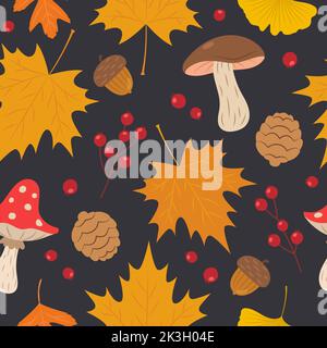 Motif d'automne avec de mignons feuilles, baies et champignons. Arrière-plan transparent, illustration vectorielle de style dessin animé plat Illustration de Vecteur