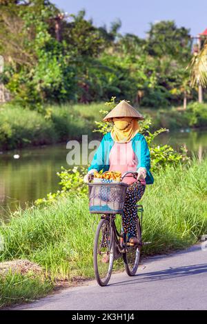 Cycliste portant un chapeau de bambou sur la route de campagne, Hai Phong rural, Vietnam Banque D'Images