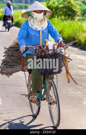 Cycliste portant un chapeau de bambou sur la route de campagne, Hai Phong rural, Vietnam Banque D'Images