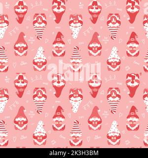 Motif sans couture avec de jolis gnomes de dessins animés de la Saint-Valentin tenant des coeurs et des lettres AMOUR. Caractères nains roses et mots manuscrits. Vecteur de couleur i Illustration de Vecteur