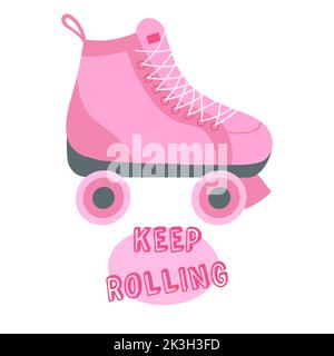 Patin à roulettes rose de style dessin animé plat. Illustration vectorielle d'un élément de mode classique 80s 90s, autocollant à motif girly pop, emblème, épinglette, badge, correctif. Nostalg Illustration de Vecteur