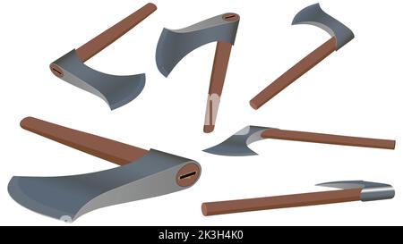 Ensemble de haches en bois isolées sur fond blanc, hache en métal avec une poignée en bois Illustration de Vecteur