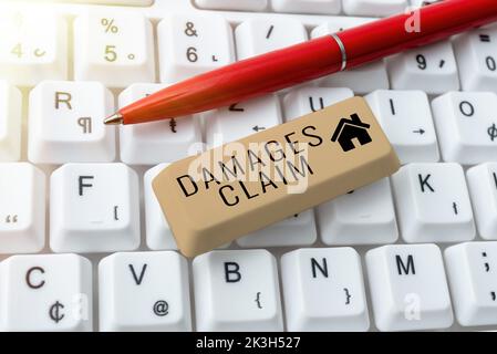 Réclamation pour dommages-intérêts relatifs au texte manuscrite. Vitrine de l'entreprise compensation de la demande dossier d'assurance en litige Banque D'Images