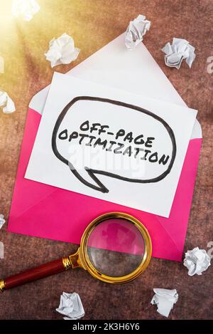 Affiche l'optimisation hors page. Site Web de concept d'entreprise processus externe méthode promotionnelle classement Banque D'Images