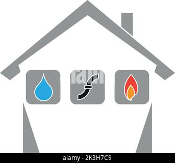 Deux maisons et feu, tuyaux, eau, réparateur, plombier, logo Illustration de Vecteur