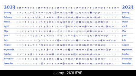 Modèle de calendrier linéaire bleu pour 2023 avec phases de lune. La semaine commence le dimanche. Calendrier mural de style minimaliste. Planificateur mensuel du cycle. Horizontale Illustration de Vecteur