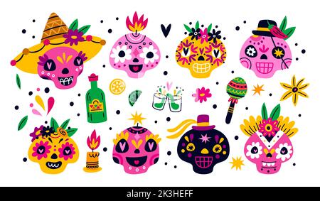 Crânes du jour des morts. Têtes à sucre décoratives Calavera. Dia de Muertos. Vacances traditionnelles mexicaines. Bougies de carnaval à motifs. Flacons Tequila. Latino Illustration de Vecteur