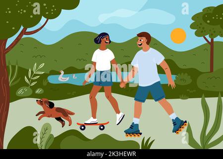 Couple romantique marchant ensemble. Des gens heureux sur le rouleau et le skateboard avec le chien. Promenade amusante pour les jeunes amoureux. Promenade dans le parc. Saison d'été. Vacances Illustration de Vecteur