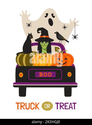 Camion ou cadeau Halloween Scraoky Scrace Cute Vector. Personnages mignons citrouille, sorcière, chat noir, fantôme. Élément de conception isolé Halloween heureux effrayant Illustration de Vecteur