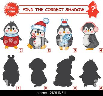 Pingouins de Noël, trouvez la forme de l'ombre correcte. Jeu éducation match enfants. Animaux arctiques en vêtements du nouvel an. Rechercher un vecteur de silhouette similaire Illustration de Vecteur