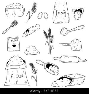 Ingrédients de cuisson dessinés à la main. Sac avec farine, œufs, fouet de cuisine, rollPIN, épi de blé. Jeu d'illustrations d'esquisse vectorielles pour Illustration de Vecteur