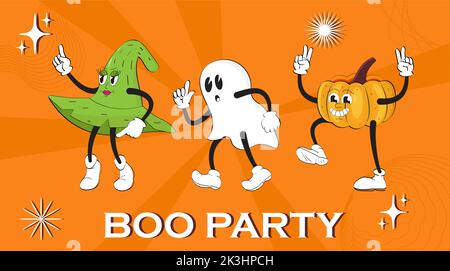 Mascotte Halloween de style rétro. Personnages d'Halloween, dont le fantôme, la citrouille et la sorcière avec des mains gantées. Bano Pack Boo de dessin animé drôle Illustration de Vecteur