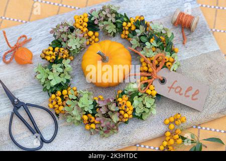 couronne de baies de firethorn, fleurs d'hortensia et branches d'arbre de boîte comme décoration florale d'automne Banque D'Images