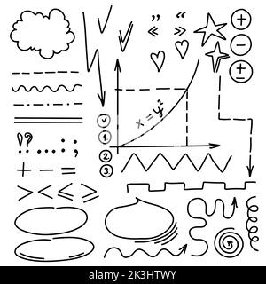Ensemble de traits de soulignement, d'accentuation et de forme de ligne d'esquisse. Tourbillon de Swoosh, bulle de parole, souligner les éléments dans le style de doodle dessiné à la main. Illustration vectorielle Illustration de Vecteur