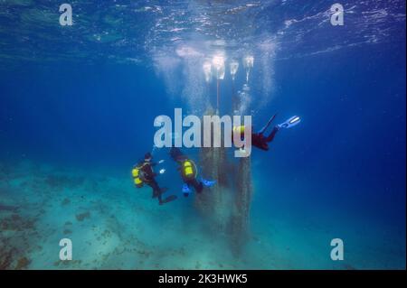 Nettoyage des filets rejetés du fond de la mer, zone de protection marine de Bozburun, Marmaris Turquie. Banque D'Images