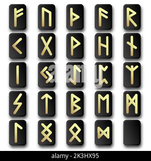 Jeu de runes de jeu, alphabet antique nordique, symboles viking celtic futumark gravés sur des pièces en bois.Signes occulte ésotériques, interface utilisateur mystique ou design gui ele Illustration de Vecteur