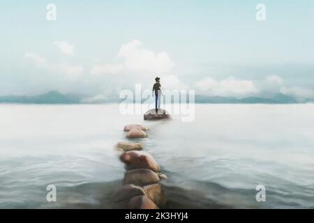 l'homme surréaliste atteint un rocher au milieu du lac par une route rocheuse, concept de succès Banque D'Images