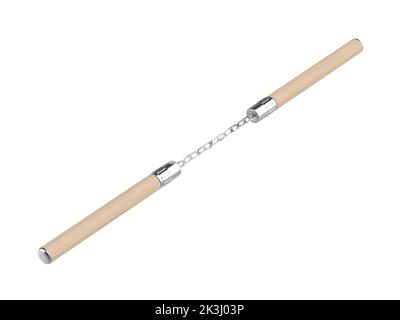 Nunchaku en bois avec chaîne, isolé sur fond blanc Banque D'Images