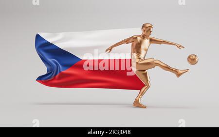 Un joueur de football américain d'or frappe un ballon avec la république tchèque qui signe le drapeau. 3D rendu Banque D'Images