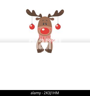 Vector drôle et mignon dessin animé Noël cerf porter Noël Rouge foulard et balles. Carte de voeux pour enfants pour les fêtes du nouvel an et de Noël. Des vacances de péeking Illustration de Vecteur