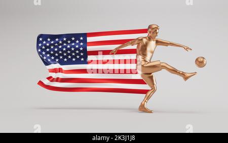 Un joueur de football américain d'or qui donne un coup de pied à une balle avec le drapeau américain. 3D rendu Banque D'Images