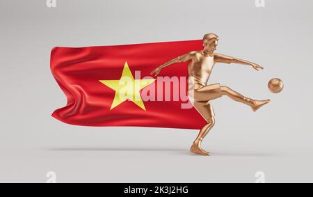 Un joueur de football doré qui donne un coup de pied à une balle avec le drapeau du vietnam. 3D rendu Banque D'Images