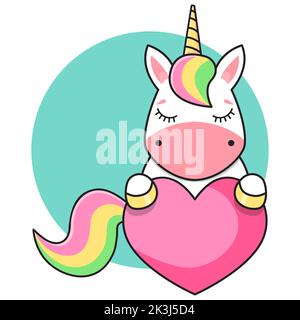 Adorable autocollant représentant une licorne. Le unicorn est doté d'un cœur rouge. Illustration du vecteur bébé. Illustration de Vecteur