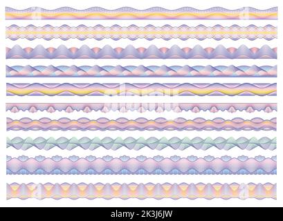 Bordure guilloche couleur, argent bancaire, diplôme et cadre de certificat. Éléments vectoriels colorés, filigranes de sécurité pour billets de banque, bordure sans couture pour la protection des documents officiels Illustration de Vecteur
