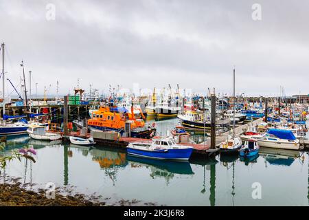 Des bateaux de pêche amarrés dans le port de Newlyn, un petit village de pêche commerciale dans le pays de l'Ouest, sur la côte sud de l'ouest des Cornouailles, en Angleterre Banque D'Images