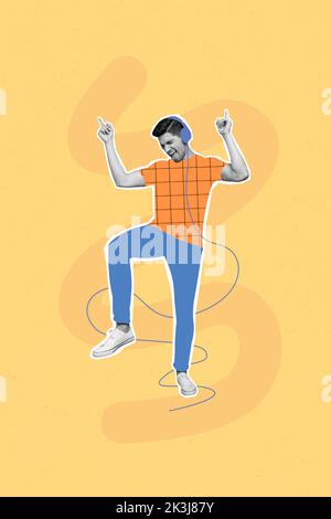 Image de collage créatif vertical de jeune homme positif peinture vêtements casque écouter la musique préférée danse ont plaisir joyeux fête d'été Banque D'Images