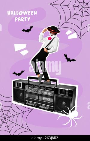 Dessin créatif collage photo de la danse jeune mariachi caballero halloween Dead costume zombie rétro cassette enregistreur fête disco Banque D'Images